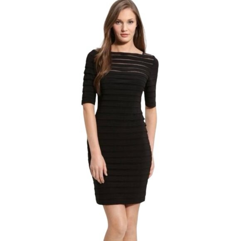 Adrianna Papell Black illusion Pleated Partial Tuck Jersey Sheath Dress Sz 6
